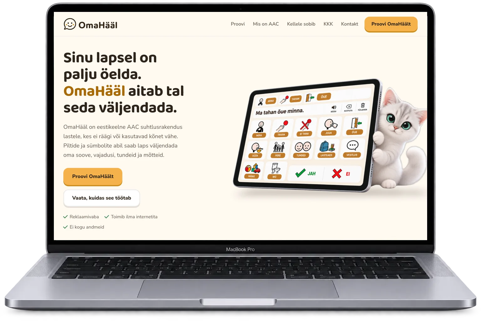 OmaHääl AAC suhtlusrakenduse avaleht MacBook Pro ekraanil